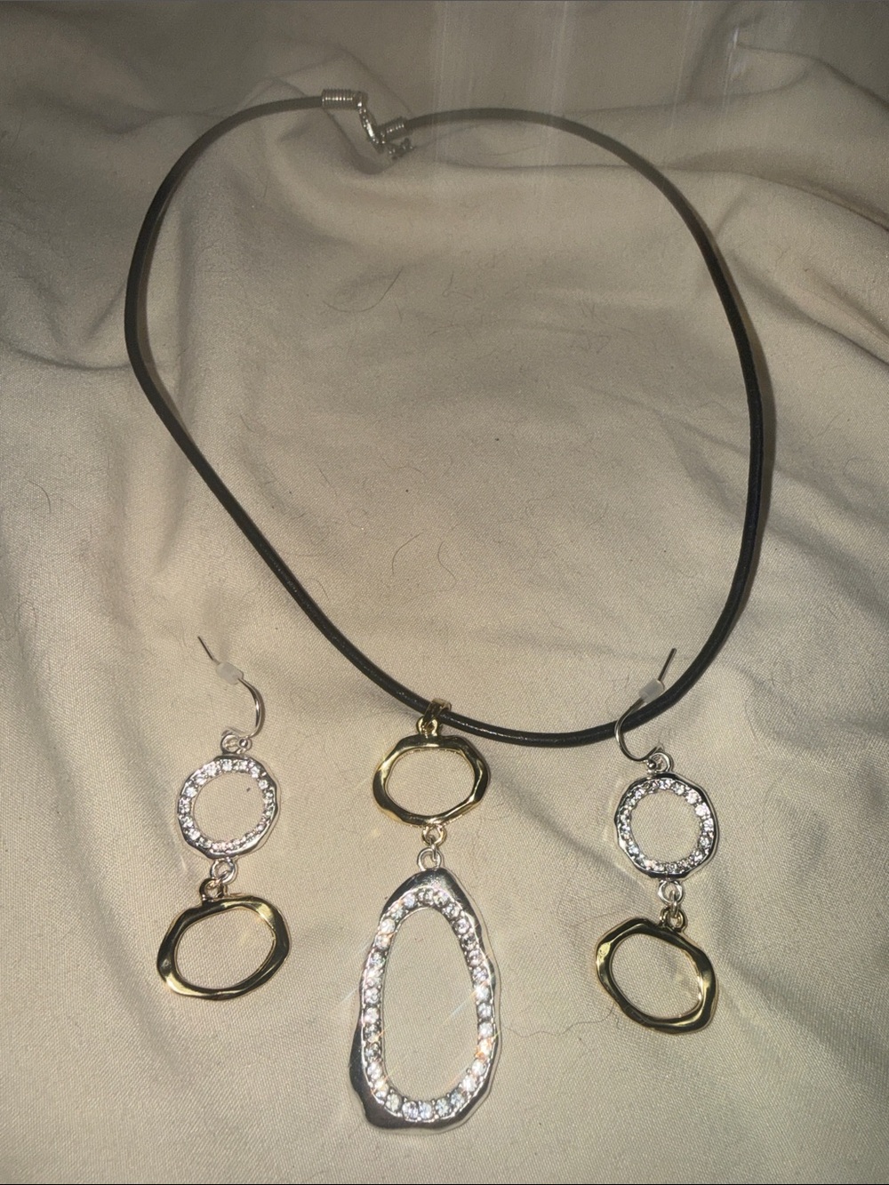 Swarovski crystal gold & silver necklace plus earrings black leather cord